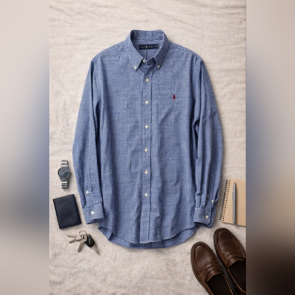 Ralph Lauren Blue Gingham L Sleeve Full Button Cotton Dress Shirt. Mens XXL